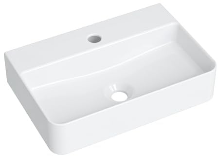 Waschbecken Klein 460/310 Hängewaschbecken Dünnrand-Design | für Gäste-WC und Kleine Bäder, Wand- und Aufsatzmontage mit Hahnloch, ohne Überlauf, aus Weißer Keramik