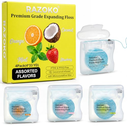Filo interdentale in tessuto espandibile, confezione da 4, gusto multiplo, olio di cocco | Menta, fragola, arancia e cocco, fibre espansive morbide, senza PFAS e PTFE, delicato, 4 dispenser, 33 yds, 132 yds ciascuno