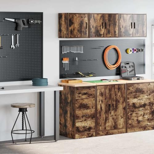 QUAHEAS Lot de 2 armoires de garage en bois de chêne fumé avec plan de travail 40 x 51 x 85 cm Armoire à outils Armoire murale 40 x 30 x 41 cm Armoire à portes battantes Rangement pour garage, atelier