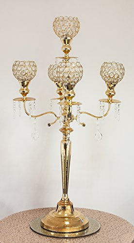 Goldfarbener Kerzenleuchter mit 5 Armen, Kristallglas, 80 cm