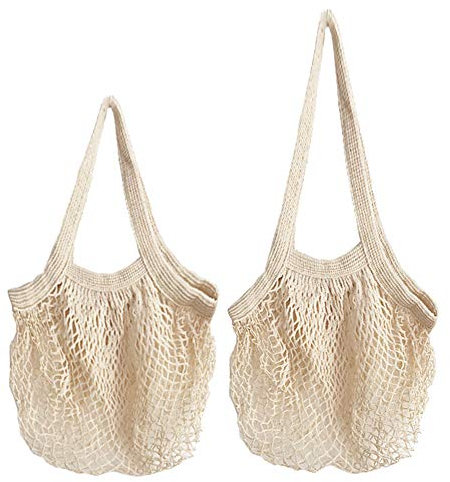 EQLEF Einkaufstasche, Netztasche, Umhängetasche, Umhängetasche aus Baumwolle, langärmlig, für Obst- und Gemüsebücher (2 Stück)