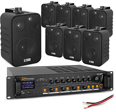 Power Dynamics 4-Zone Wall Mount Speaker System 8 x 4 Black Speakers & 120W Bluetooth Mixer Amplifier Background Music PA Audio Kit for Restaurants Cafe Pubs Shops 100V