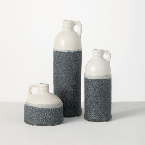 Sullivans Modern Farmhouse Two-Toned Black and White Small Ceramic Jug Set of Three (3), 4”, 7.5” & 10” Tall, Faux Floral Jugs, Distressed Decoration (CM2945)