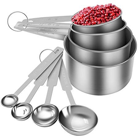 Juego de 8 tazas y cucharas medidoras, Tazas y Cucharas Medidoras de Plástico Reutilizables con Mango de Acero Inoxidable para Medir Líquidos y Sólidos (Plata)