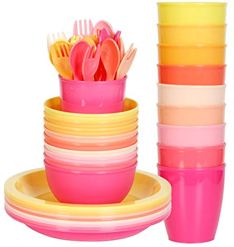 Youngever 54 Piezas Vajilla para Niños de Plástico, Cuencos para Niños, Tazas para Niños, Platos para Niños en 9 Colores Pink