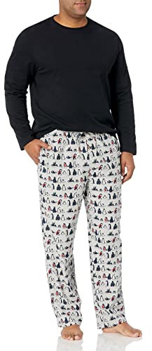 Amazon Essentials Conjunto de Pijama con Pantalón de Franela y Camiseta de Manga Larga Hombre, Negro/Pingüino, L
