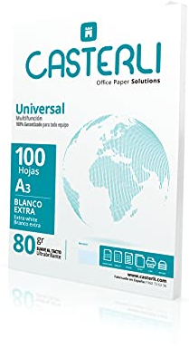 CASTERLI - Fogli A3, 100 Fogli Bianchi, Carta Da 80 g, Extra Bianca, Multiuso per Stampante (A3, 100 Fogli)