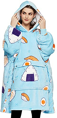 KFUBUO Tragbare Decke mit Kapuze für Erwachsene, Sherpa-Fleece, alle Designs, Oversize-Sweatshirt-Decke mit Tasche, für Damen, Sushi