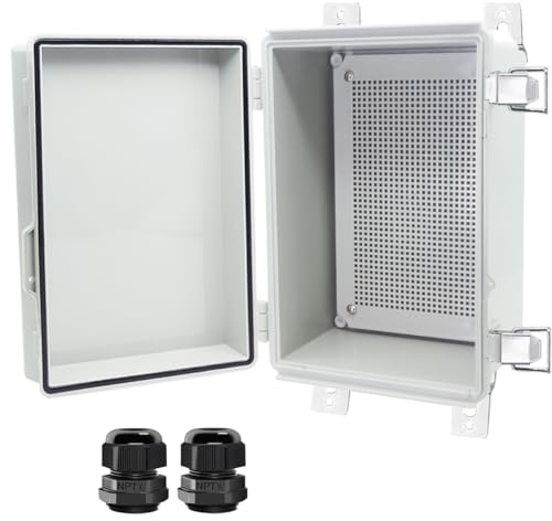 Otdorpatio Junction Box, Hinged Cover Stainless Steel Latch IP67 Waterproof ABS Project Box with 2 Cable Glands, Electrical Box Enclosure with Mounting Plate & Wall Bracket 11 x 7.5 x 5.5inch