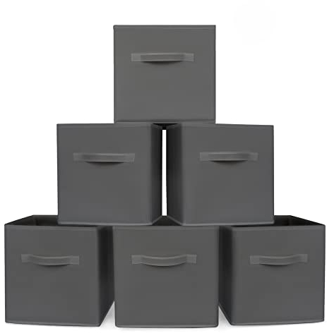 LIVIVO Set of 6 Foldable Storage Boxes Cube Basket Collapsible Sturdy Design Ideal for Nursery Closet Organiser Shelf Toys Clothes with Fabric Handles (Grey)