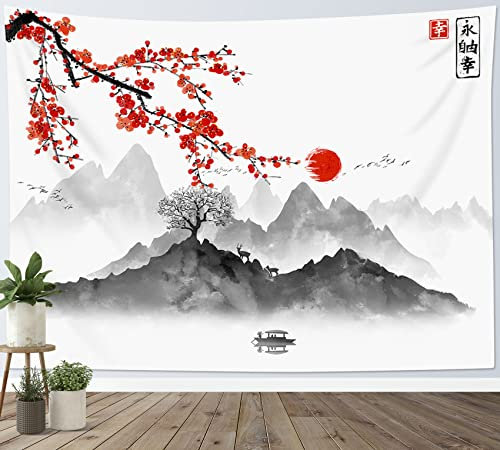 LB Wandteppich japanisch Wandtuch Rote Kirschblüte und Sonne Wandbehang Grauer Schwarzer Berg Tapisserie für Wohnzimmer Schlafzimmer Wohnheim Wanddeko,150x130 cm