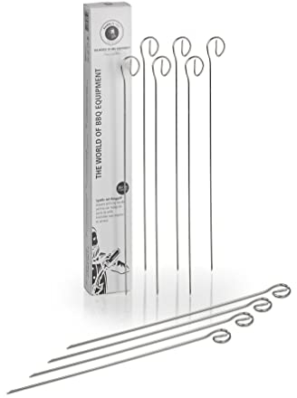 Buddy's BBQ - Pinchos para barbacoa, 12 brochetas para barbacoa, barbacoa, cocinar, carne, pescado, verduras, reutilizables, 30 cm de longitud, acero inoxidable, material plano, con mango de anillo