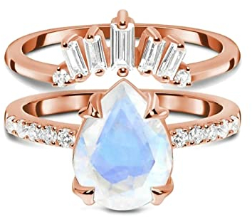 Bishilin Mondstein Ring Silber 925 Damen, Eheringe Krone mit Tropfen Mondstein Stapelringe Verlobungsring Nickelfrei Hochzeitsring Rosegold Größe 52 (16.6)