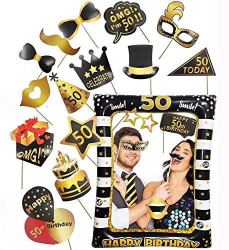 LMSHOWOWO 50th Birthday Photo Booth Props and Black Gold Inflatable Photo Booth Frame, Giant Party Selfie Frame, Personalised Funny Selfie Props, 50th Birthday Decorations Gifts for Men Women