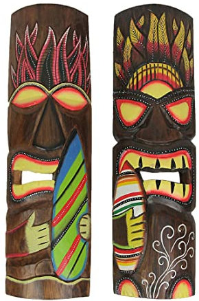 Things2Die4 Elemental Fire and Wind Handgefertigte Holz-Surfer-Tiki-Wandmasken, 50,8 cm, 2 Stück