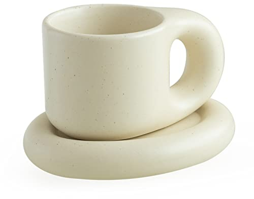WENSHUO Chubby Cute Couple Mug & Saucer Set for Office and Home, Marriage/Anniversary/Birthday Gifts, 9 oz for Latte Tea Milk (Cream Color) (HP2201017)