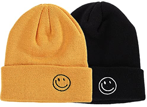 LANLYLGQ 2Stück Beanie Unisex Herren Damen Wintermütze Strickmütze Warmmütze Skimütze Stickerei Smiley Face (Schwarz+Gelb C)