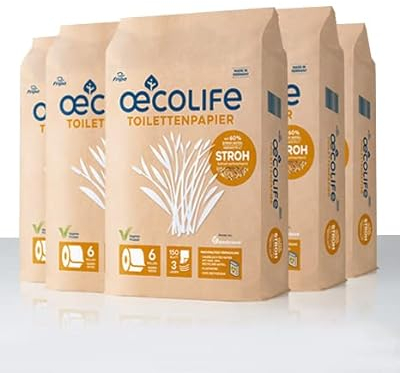 oecolife Toilettenpapier STROH, 3-lagig, 30 Rollen á 150 Blatt, kratzt nicht, superweich, plastikfrei verpackt, vegan, nachhaltiges Klopapier