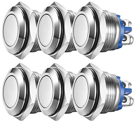 Guuzi 6pcs Pulsadores Momentáneos De 16mm 3A/250VAC; Pulsador De Alimentación A Prueba De Agua De 5A/12VAC, Pequeño, Redondo, De Metal Inoxidable Cromado, 2Pines N/O (Cabeza Plana)