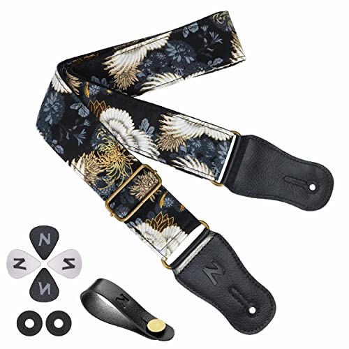 Nefelibata Japanischer Baumwollgitarrengurt für Akustikgitarre, Ukulele, kostenloser Kopfplattengurt-Adapter mit Schnalle, Gitarrenplektren und Gurtschloss