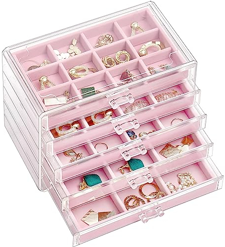ProCase Acryl Schmuck Organizer Schmuckschatulle für Damen Durchsichtige Schmuckaufbewahrung Schmuckkästchen Schmuckbox mit 5 Schubladen für Ohrringe, Ringe, Armbänder -Rosa