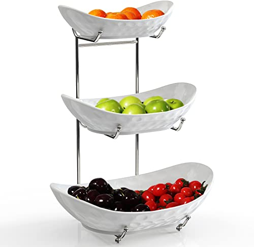Acliys Cuenco de frutas, cesta de cerámica de 3 niveles, soporte para servir de 3 niveles con estante de metal, cuencos de cocina de porcelana para frutas, verduras, aperitivos, nueces, postres,