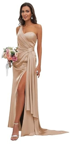 Robe de demoiselle d'honneur en satin à une épaule dénudée pour femme, robe de soirée longue sirène avec fente LN376, rose gold, 32