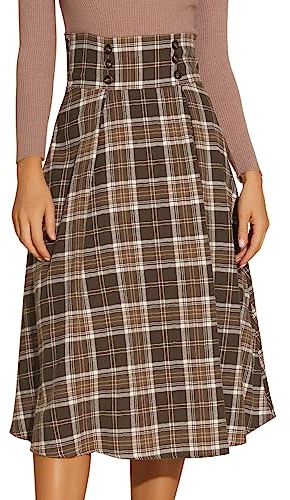 Allegra K Damen Rock Plaid Hohe Elastische Taille Vintage Herbst Winter A-Linie Kariert Midirock Braun S