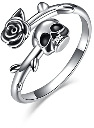ONEFINITY Gothic Skull Ring Open Wrap Rose Flower Skeleton Statement Ring Sterling Silber Retro Vintage Cocktail Party Punk Schmuck für Damen Herren