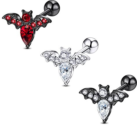 Longbeauty 16G Fledermaus Tragus Ohrringe Ohrstecker Studs Set Halloween Körperschmuck, 3 Pcs