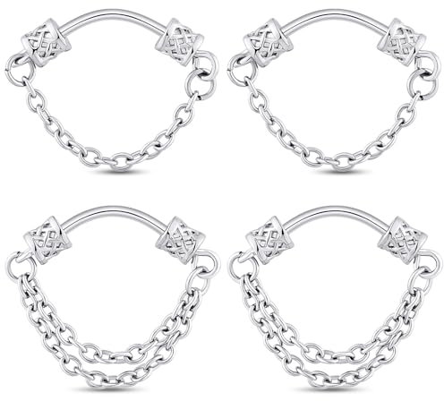 Longbeauty 16G Dangle Septum Piercing Schmuck Silber Nasenpiercing Nasenringe für Damen Herren 316L Edelstahl mit Nasenketten, 4 Stk, 12MM