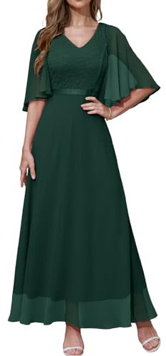 DRESSTELLS Robe de Soirée Femme Élégante en Col V pour Cocktail Cérémonie Bal de Promo, Robe Demoiselle d'honneur Femme pour Mariage Invité avec Manches Courtes Vert Foncé S