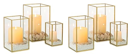NUPTIO Lanterne Or en Verre Trempé Cheminée 6 Pièces pour Bougies Set Extérieur Carré Décoratif pour Mariage Noël Halloween Ornements Salon Tabletop Cheminée