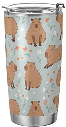 Tumbler Capybara Flower Isolierter Kaffeebecher Fahrer Getränkebehälter Büro Reise Becher mit Strohhalm und Deckel 590 ml Back to School Gi