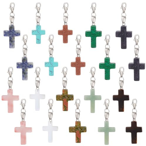 PH PandaHall 20 Stück 10 Farben Kreuzanhänger 40mm Großer Kreuzanhänger Aus Natürlichem Edelstein Quarz Edelstein Chakra Stein Mit Karabinerverschluss Aus Legierung Für Halskette Häkelmarker
