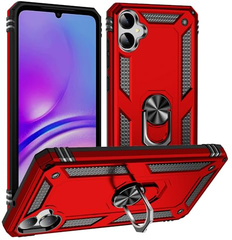 BestST Handyhülle für Samsung Galaxy A05 + HD Displayschutz, Cover für Samsung A05 hülle, 360 Grad Drehbar Ringhalter Handytasche Case Handy Hüllen,Rot