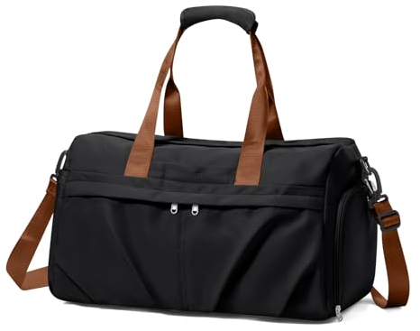 Sac de Sport Femme, Sacs de Voyage Homme avec Compartiment à Chaussures et Poche Humide Sac Week-End à Bandoulière Bagage à Main Sac Femme Cabas de Fitness Imperméable Duffel Bags,Noir avec Marron