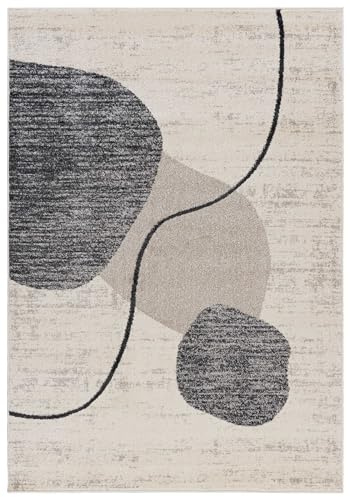 Mazovia Teppich Wohnzimmer 140x200cm Creme Anthrazit Geometrisch Weich | Teppich für Schlafzimmer Büro Esszimmer Beige Pflegeleicht Maschinengewebt Allergikerfreundlich Fußbodenheizungsgeeignet