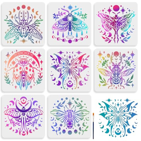 MAYJOYDIY 8 Stück Insekten Mondphasen Schablonen 30×30cm Magische Motte Schmetterlings Schablone Mit Pinsel Fantastische Mond Pflanzenblätter Vorlage Zum Basteln Für Holzwände Stoffwände Papiermöbel