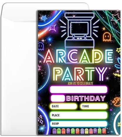 Wybgno Arcade Birthday Party Invitation 20 Glow Gaming Arcade Theme Party Neon Party Birthday Invitation With Envelopes for Boys Girls Party Invite Cards -4×6 inch-B017