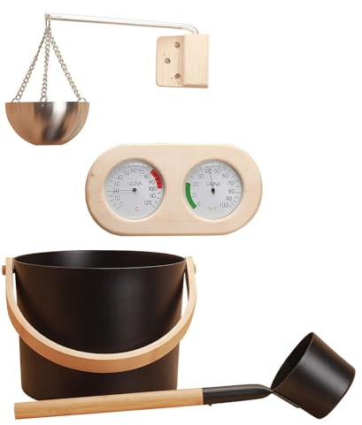 Kit D'accessoires De Sauna Avec Seau De Sauna En Aluminium + Thermomètre/hygromètre + Bol D'arôme De Sauna | Ensemble D'accessoires De Sauna Avec Louche + Tasse D'Huile D'Aromathérapie Pour Hammam
