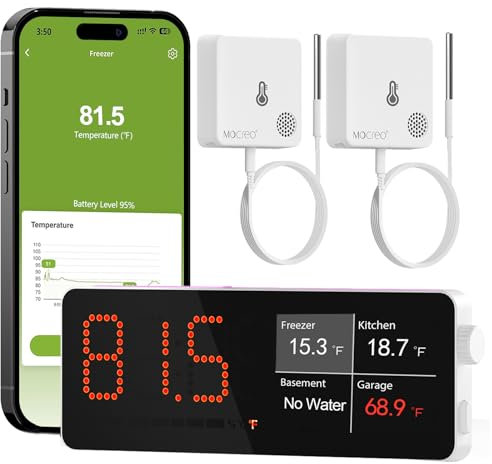 WiFi Freezer Thermometer Alarm with Digital Monitor Hub, App and Email Alerts, 2-Year Data Export, 2 Remote Temperature Sensors for Refrigerator, Fridge, Freezer