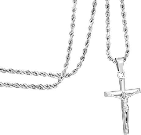 Cross Necklace for Men - The Passion of Jesus Silver Chain, Stainless Steel, 20'' Rope