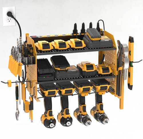 CRST Power Tool Organizer Wall Mount with Charging Station, Cordless Drill Holder with 8-Outlet Power Strip, Modular Garage Organization Storage Rack Shelf, DIY Pegboard, Gift for Men Yellow