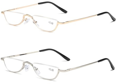 Viseng 2 Pack Mini Halbmond Halbrahmen Lesebrille ultradünne metall material rahmen Lesebrille Leicht Komfortable unisex 3.5