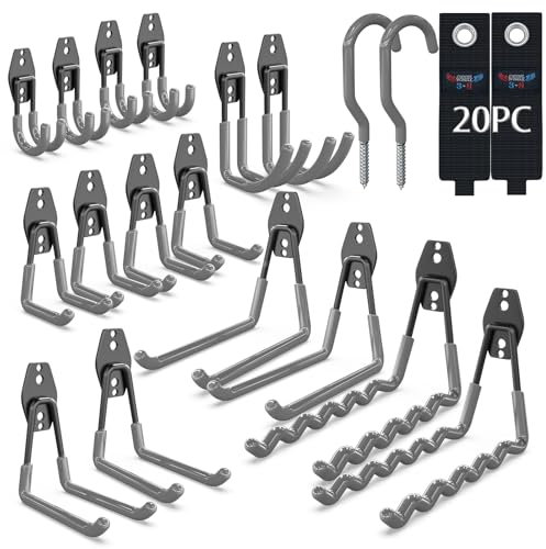 3-H Ganchos de Garaje Resistentes, Paquete de 20 Ganchos de Almacenamiento de Garaje de Acero, Soporte de Pared y Organizador de Herramientas, Cuerdas, Cables(gris)