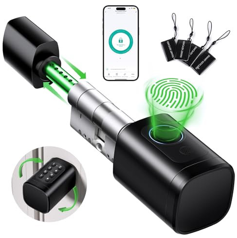 Cerradura Inteligente, Cerradura electrónica, Cerraduras Inteligentes para Puertas, Smart Lock Cilindro Ajustable 60-90 mm(30/30,45/45) con RFID, App, Huella Dactilar, botón y Llave para desbloquear