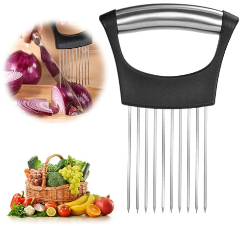 AUAUY 1 PCS Stainless Steel Onion Holder for Slicing, Veg Cutter for Cutting Storage, Cucumber Onion Tomato Slicer, Kitchen Gadgets Slicing Assistant Tool for Meat, Onion, Fruit, Avocados, Eggs