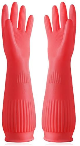 Qilerongrong Cleaning Gloves,Waterproof and Oil-resistance Rubber Glove for kitchen Cleaning,Clothes Washing,Household Cleaning, Dishwashing,Car Wash,Indoor and Outdoor Cleaning (38cm Red, M)