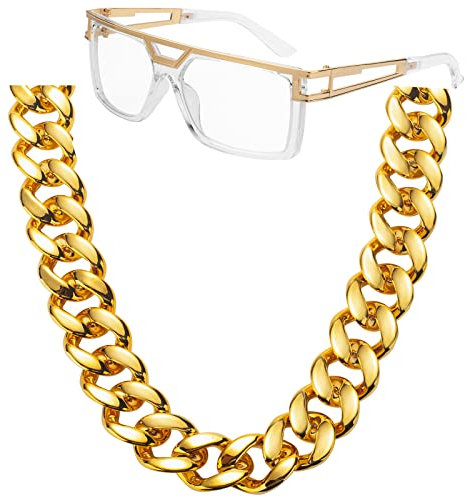 FACATH 80s 90s Hip Hop Costume Jewelry Gold Chain for Women Men Gold Chain Rapper Sunglasses Necklace Costume Accessory